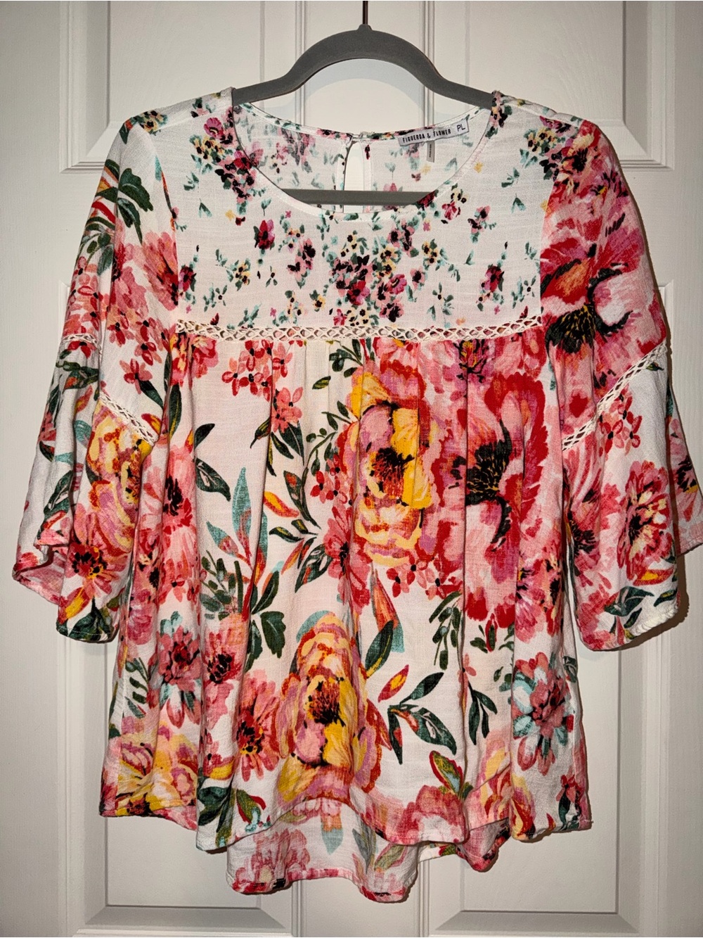 Floral Boho Peasant Blouse - White with Pink & Yellow